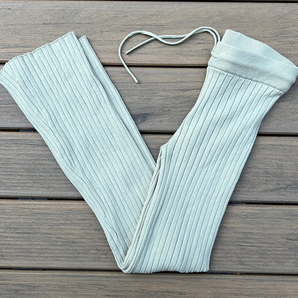 Beige Light Sage Ribbed Knit Lounge Pants Wide Waistband Flare Cozy Minimal - Picture 2 of 10